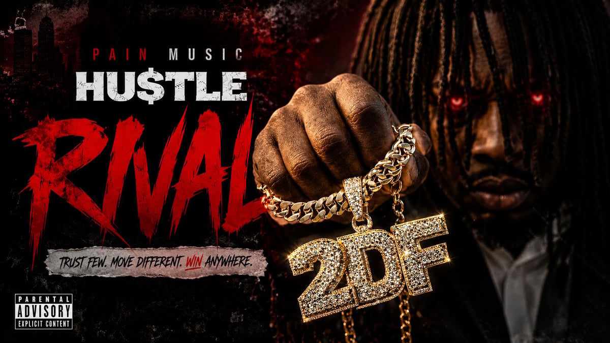 Rival — Hu$tle album artwork: a fist holding a gold 2DF chain and diamond pendant on a black background with Pain Music text