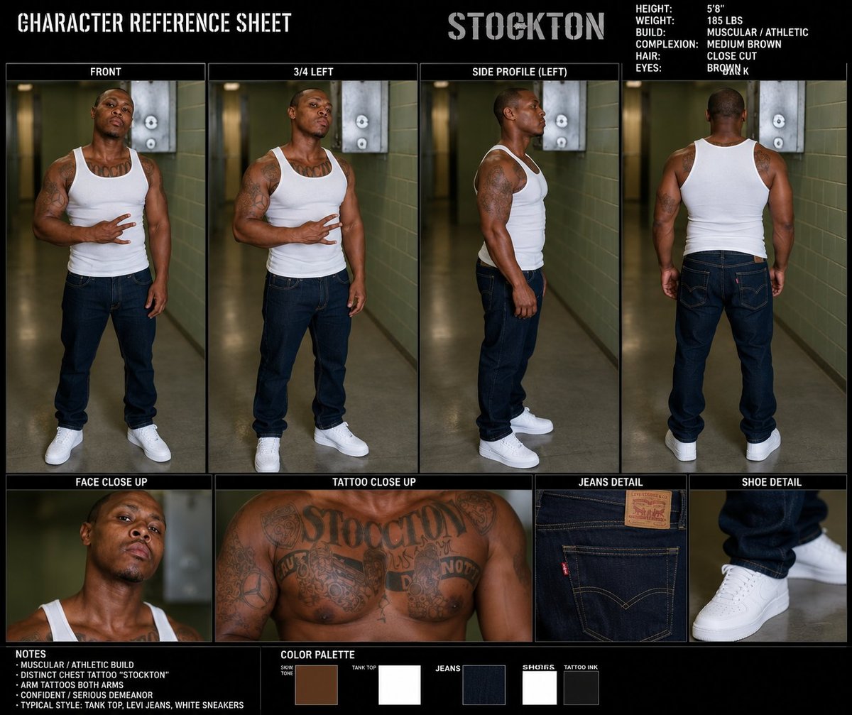 Character reference sheet for Stockton showing front, left, side and back views of a man in white tank top and jeans with tattoos and design details