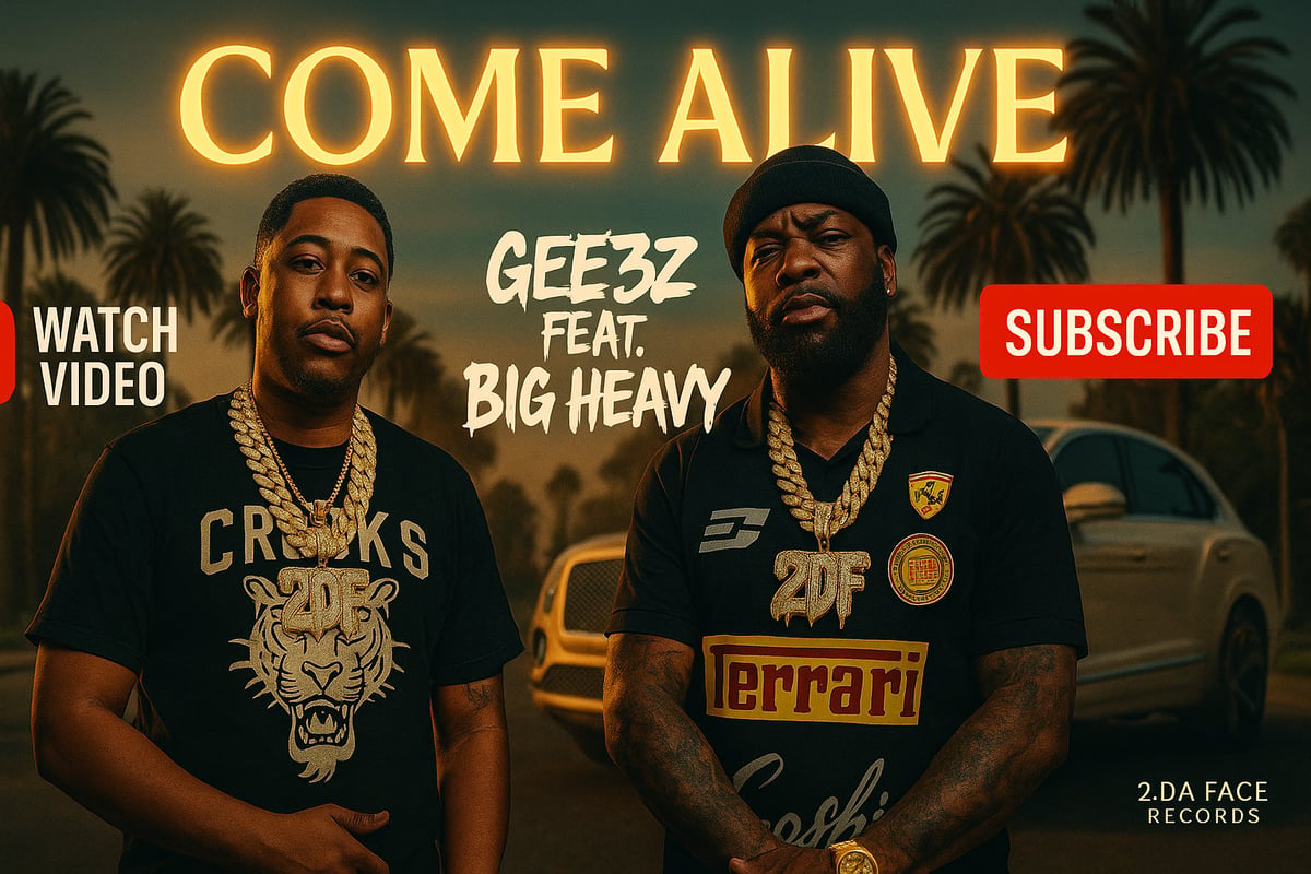 Music video thumbnail for Geez3z feat. Big Heavy's Come Alive with two rappers wearing gold chains against a golden palm tree background