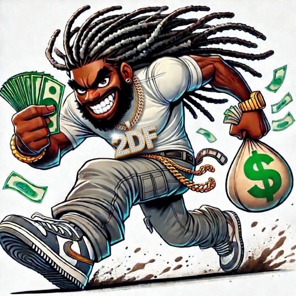 2DF character logo: cartoon character with dreadlocks wearing a 2DF chain, holding cash and money bag