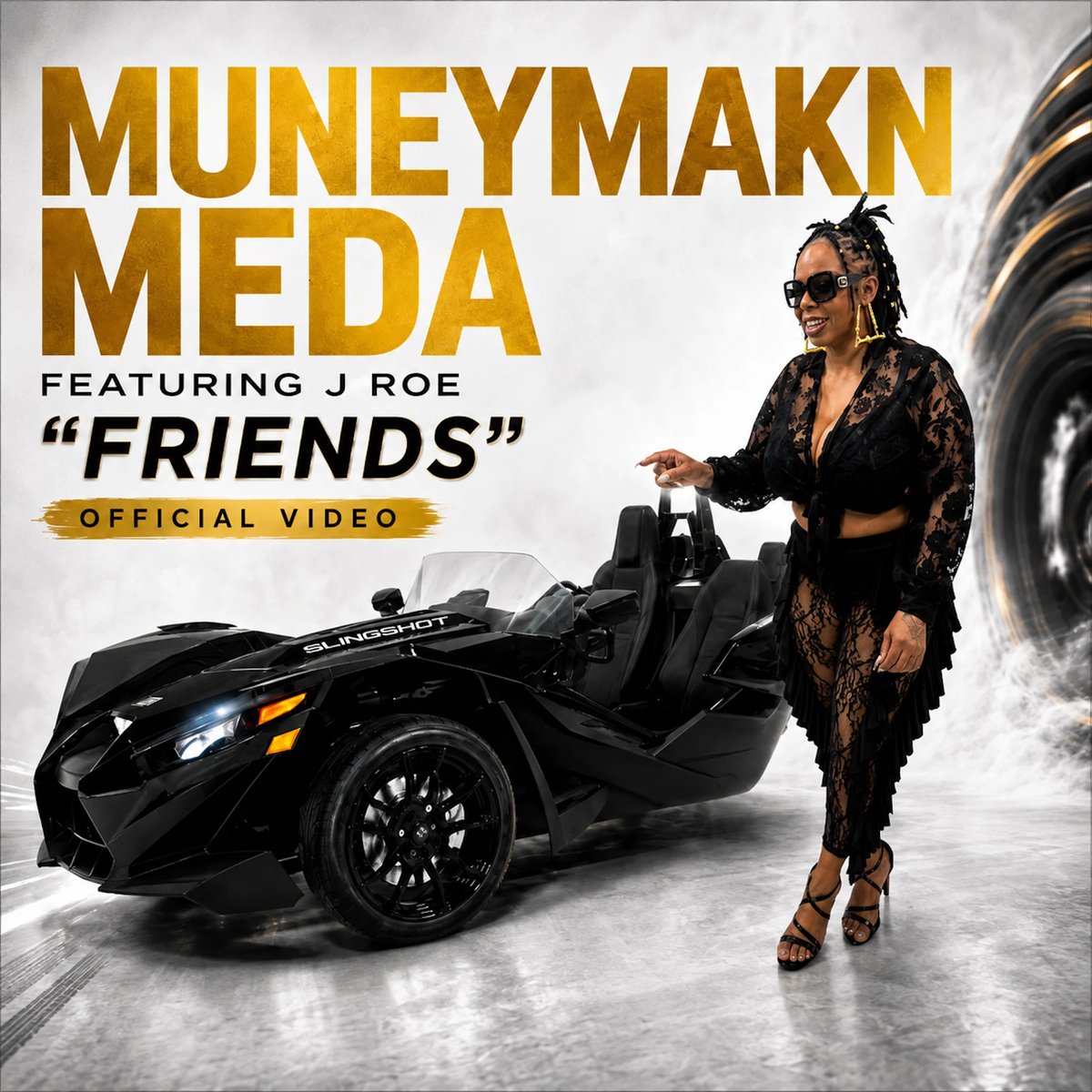 Music video cover for Moneymaknmeda featuring J Roe song Friends showing a woman in black outfit next to a black three-wheeled vehicle