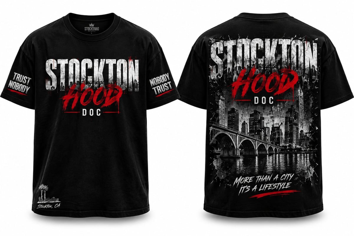 Front and back view of Stockton Hood Doc Tee showing the printed design