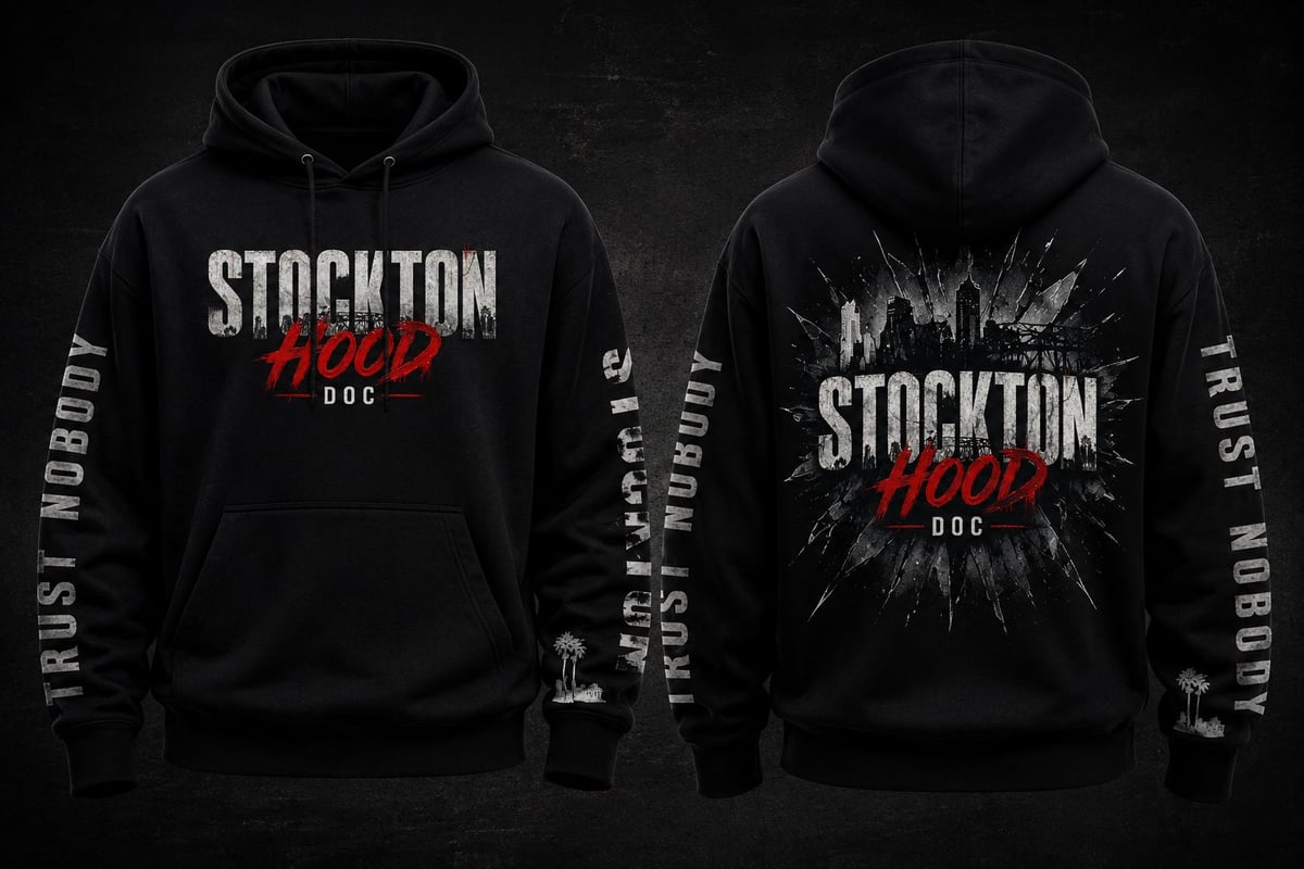 Front and back view of Stockton Hood Doc Hoody showing the printed design
