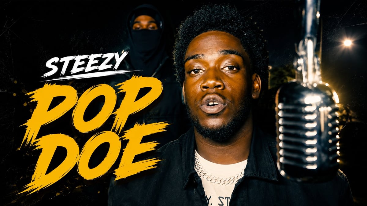 Steezy Pop Doe album artwork showing a male rapper at the microphone with a gold chain and dark styling in a studio setting